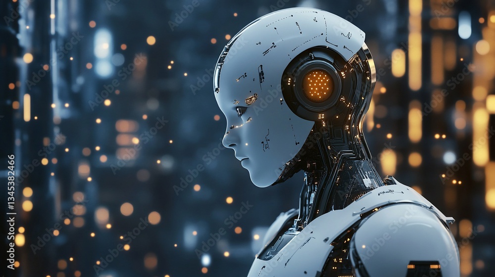 Poster futuristic ai robot in deep thought amidst glowing data streams