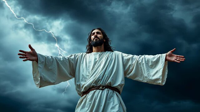 Divine Embrace: A powerful depiction of a central religious figure standing with open arms against a backdrop of a stormy sky and lightning.
