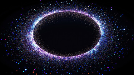 A radiant ring of vibrant, scattered cosmic particles surrounds a dark center, an Oval ring, creating a striking contrast on a black background. 