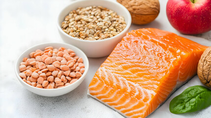 Fresh Salmon Fillet Apple Walnuts and Various Grains Arranged on White Surface