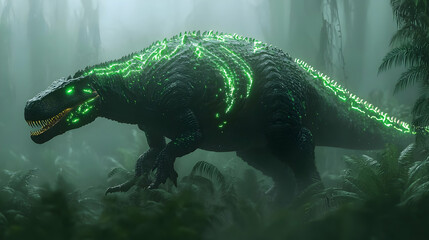 Glowing Prehistoric Creature In Foggy Forest