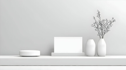 Minimalist White Composition Featuring Vases Plant Shelf and Display Stand in Studio Lighting