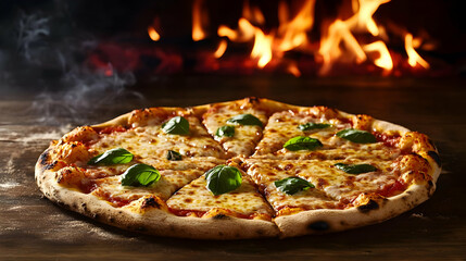 Delicious Baked Pizza With Fresh Basil On Wooden Table