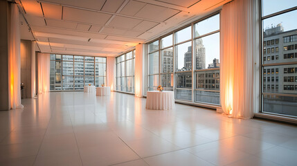 Bright Spacious Empty Room with Large Windows and City View Evening Lighting and White Floor