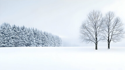 Snowy Winter Landscape With Two Trees