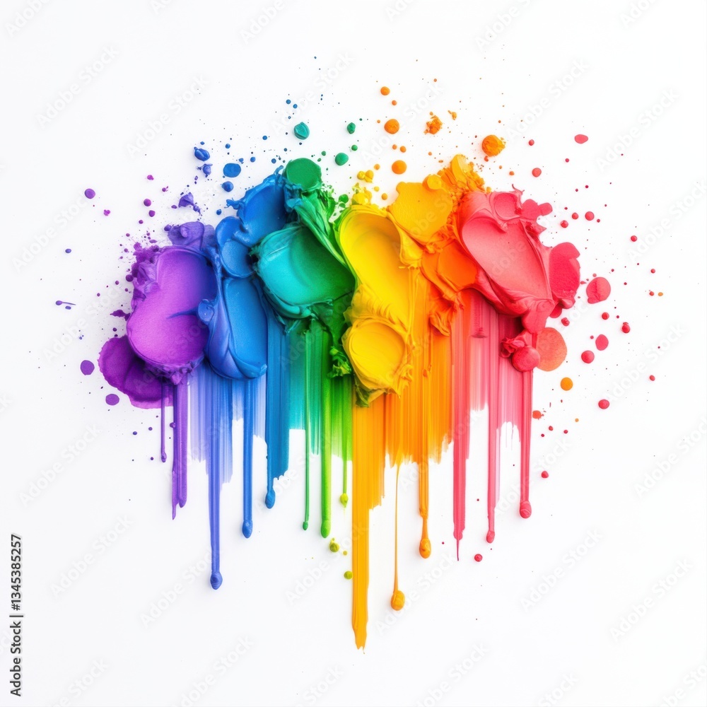 Poster colorful splashes of dripping paint creating a rainbow effect on a white background