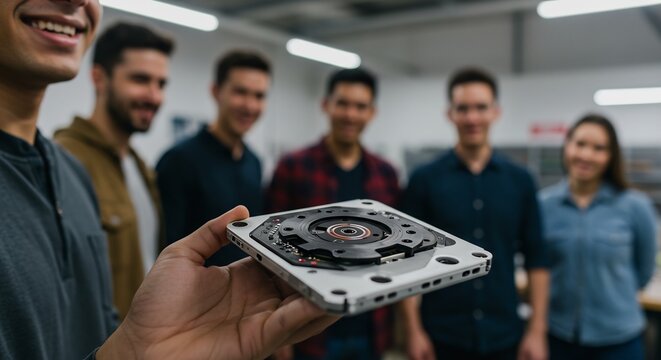 Young Diverse Team of Engineers Showing off Innovative Technology Prototype, Disassembled Laptop, Startup Company, Teamwork, Collaboration, Technology - Powered by Adobe