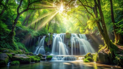 Obraz premium Waterfall in dense forest with sunlight filtering through leaves , forest environment, peaceful ambiance