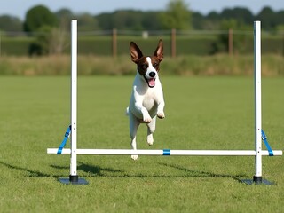 Jack Russell Terrier jumping agility bar, fully extended, open field setting, athletic dog in motion, small dog sports