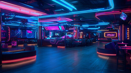 Neon Lit Futuristic Nightclub Interior