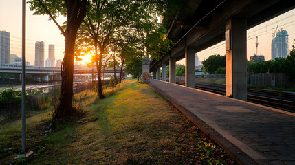 Scenic Urban Sunset View Over River With Trees Path Under Elevated Road Structure In City
