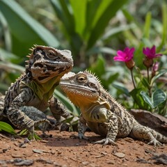 Fototapeta premium Spirited Interactions: A Sri Lankan Horned Lizard's Playful Day Outdoors