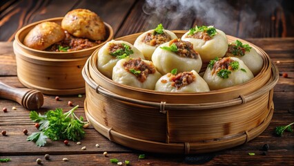 Steaming basket of plump potato dumplings filled with a savory mixture of ground meat and spices, comfort food, home cooked