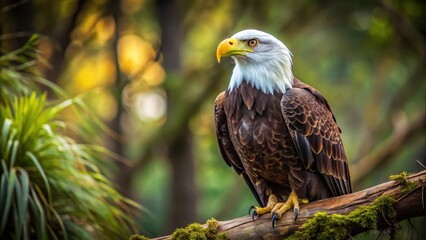 Obraz premium A majestic bald eagle gazing upwards with its head turned to the right, showcasing its powerful facial features and sharp talons on a branch, natural environment, isolated bird eagle staring up