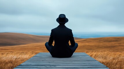 Person in dark clothing meditating on wooden platform in open field with rolling hills