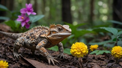 Obraz premium Fluid Beauty: The Sri Lankan Horned Lizard in a Lush Floral Landscape