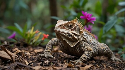 Obraz premium Poise in the Wild: The Sri Lankan Horned Lizard Among Flourishing Flora