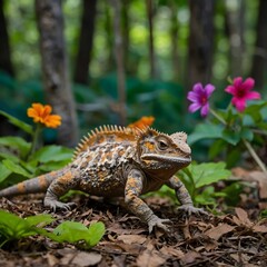 Fototapeta premium Beauty in Motion: The Sri Lankan Horned Lizard in a Colorful Oasis