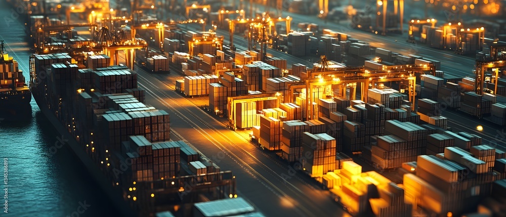 Poster aerial view of a bustling shipping port with rows of stacked conex containers and various docked car