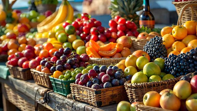 A Colorful Bounty: A vibrant, close-up display of fresh fruit at a market, showcasing an array of colors, textures, and varieties. The image is a feast for the eyes, capturing the essence of health.