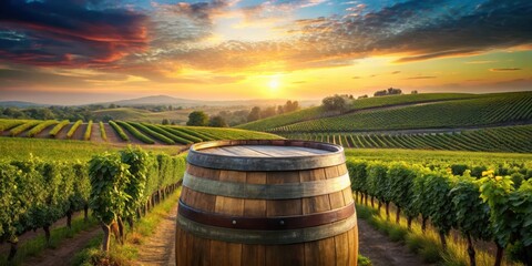 Aged wine barrel against a serene vineyard landscape at sunset with lush green vines and grapevines stretching towards the horizon , grapes, wine farm