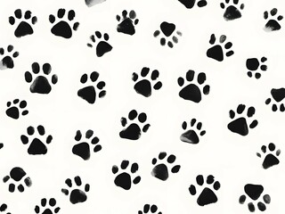Fototapeta premium Minimalist dog paw print pattern, repeating doodles, black and white, evenly spaced, seamless repeating doodle design