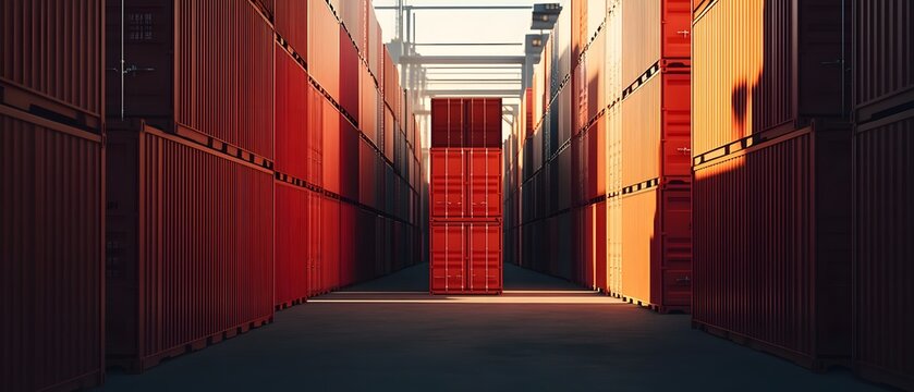 Aerial view of a bustling shipping yard filled with rows of stacked conex containers under dramatic moody cinematic lighting creating a visually striking industrial scene