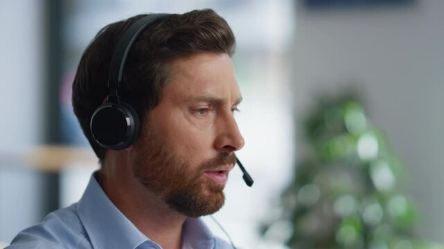 Telemarketing agent advising services working in business company center closeup