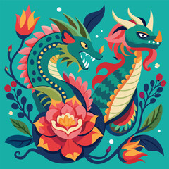 Obraz premium Majestic Dragon Adorned with Flowers and Companionship (3)