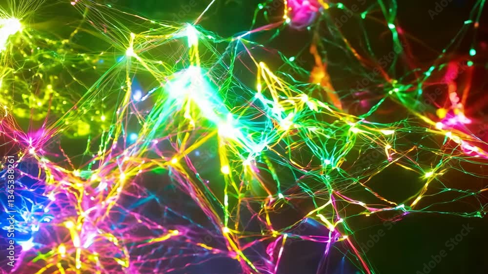Poster vibrant light patterns create an intricate web of colors at night in a dark setting
