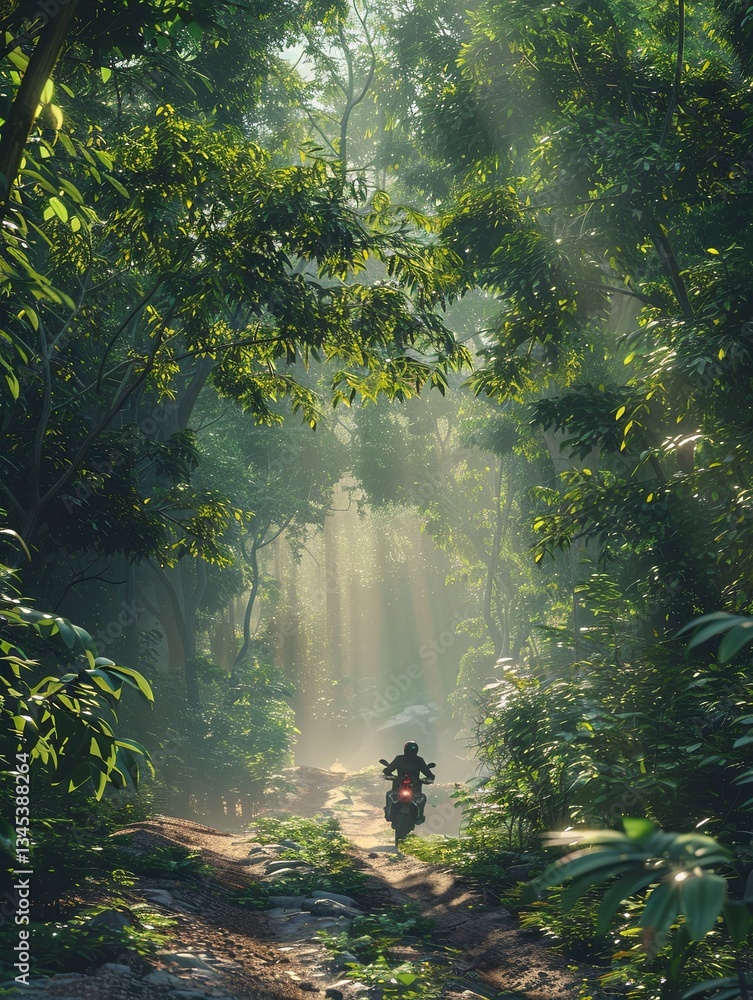Aufkleber Man riding motorcycle through serene forest trail with dappled sunlight filtering through the trees Generative AI