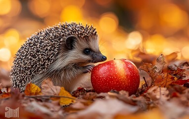 Adorable hedgehog eating a red apple amidst autumn leaves.
