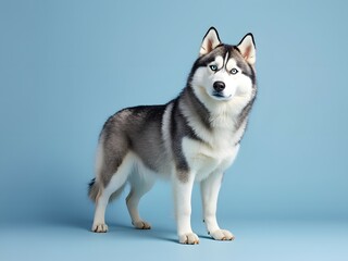 Siberian Husky with piercing eyes standing on a solid light blue background, pet dog, dog breed