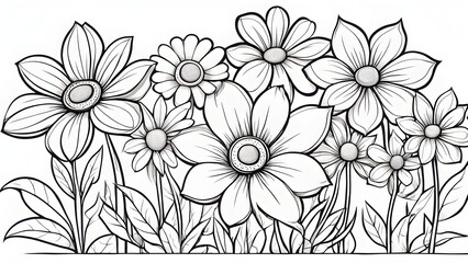 A detailed line drawing showcases a cluster various black white flowers, intricately designed leaves stems.