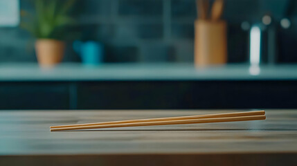 Wooden Blocks Balanced Horizontally on a Table Indoors with Selective Focus and Blurred Kitchen Background