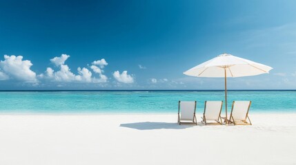 Fototapeta premium Tranquil Tropical Beach Scene with Umbrella and Lounge Chairs