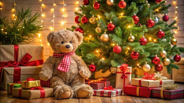 Un oso de peluche est? sentado en un ?rbol de navidad con regalos alrededor, rodeado de luces y decoraciones navide?as , cute bear Christmas tree gifts, presents