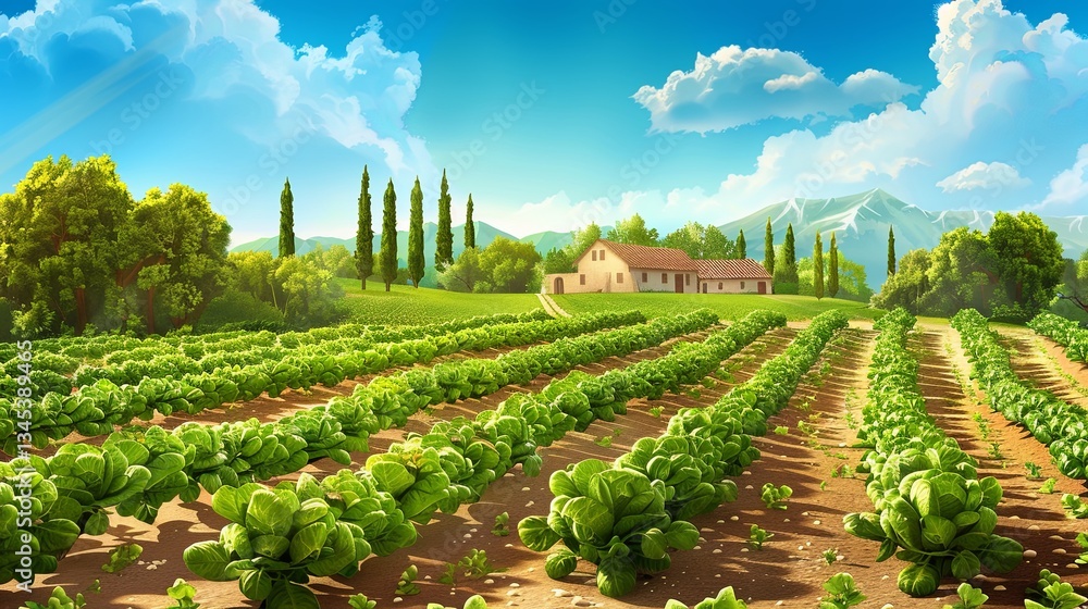 Aufkleber pastoral rural garden showcasing vibrant rows of vegetables and fruit trees in a sunlit field with d