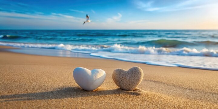 Two heart-shaped stones on a sandy beach with gentle ocean waves and seagulls in the background, coastal, beach,  coastal,beach