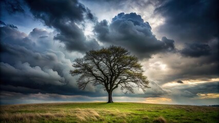 A lone tree stands tall under a heavy dark cloud, its branches swaying gently in the wind , shadows, solitude ,  shadows