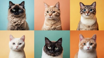 Six domestic felines posing for individual portrait photographs