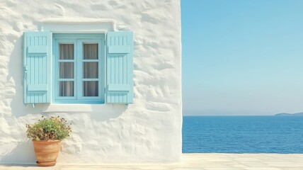 Mediterranean Coastal View: Whitewashed Building with Light Blue Shutters and Ocean