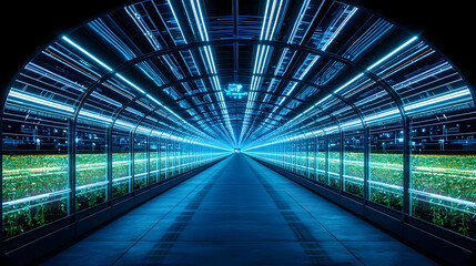 Futuristic Tunnel With Illuminated Plants