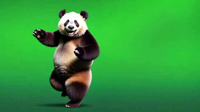 Dancing Panda: A cheerful panda is dancing and moving with its arms outstretched, filled with joy in a bright environment.