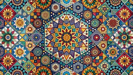 Mosaic of geometric shapes in abstract wallpaper with bold colors and intricate patterns , interior decor, decorative element