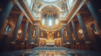 Fototapeta premium Grand, ornate church interior with golden details, high vaulted ceiling, and columns