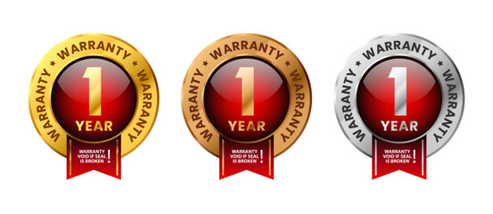 1 year warranty label. For icon, logo, insigna, seal, tag, sign, seal, symbol, badge, stamp, sticker, emblem, banner. Gold, silver and bronze glossy shiney medals with ribbon set vector illustration