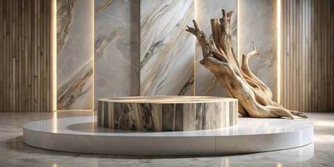 Elegant marble stone podium with driftwood for product display , luxurious , showroom,  luxurious , showroom, stone, marble