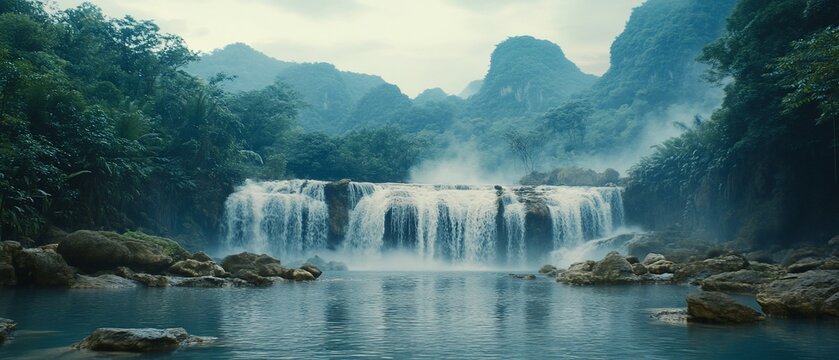 Serene waterfall cascading down rocky cliffs into a tranquil pool, surrounded by lush greenery and misty mountains