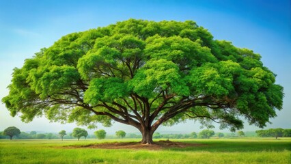 A majestic Neem tree stands tall with lush green branches and leaves swaying gently in the breeze amidst a serene natural background , outdoors, nature